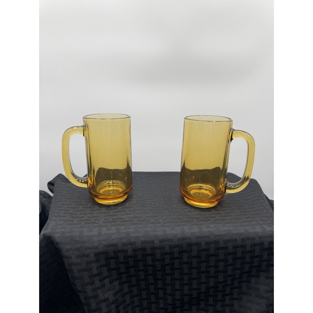 Set Of 2 Vintage Amber Glass Drinking Beer Mug Stein With Handle 5.5x2.75”